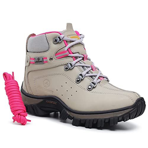 Bota Feminina Para Trabalho Passeio Trilha Em Couro Legitimo Conforto (Cinza-rosa, BR, Adulto, Numérico, 37)