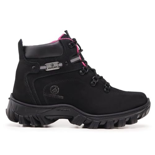 Bota Feminina Para Trabalho Passeio Trilha Em Couro Legitimo Conforto (Preta-Rosa, BR, Adulto, Numérico, 35)