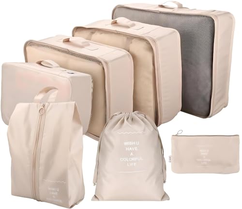 Organizador de Malas: Kit Completo de Organização de Viagem - Ideal para Mala de Viagem - Inclui Sacos a Vácuo e Bolsas Organizadoras - Facilite sua Viagem com Praticidade - 4Leader (Bege)