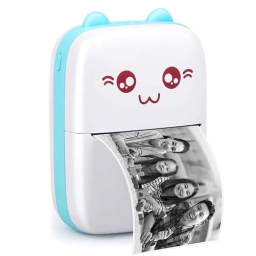 Mini Impressora Térmica Portátil BT 200dpi - Impressão de Fotos, Etiquetas, Notas, desenhos para colorir + 1 Rolo Adesivo e 4 Rolos Papel Térmico comum 57x30mm (Azul)