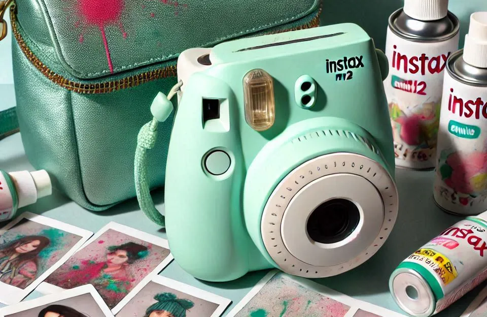 Kit Câmera Instax Mini 12 com Fotos Spray Art e Bolsa Verde Menta