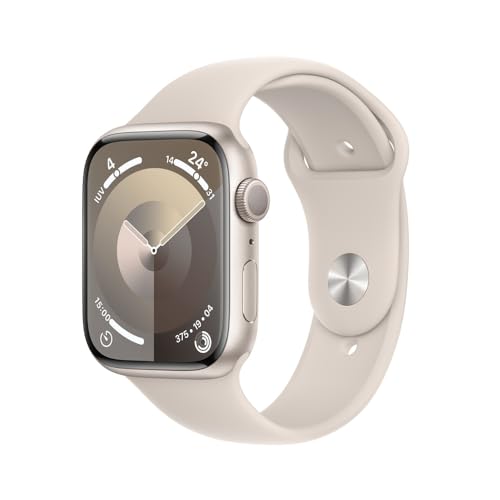 Apple Watch Series 9 GPS • Caixa estelar de alumínio – 45 mm • Pulseira esportiva estelar – M/G