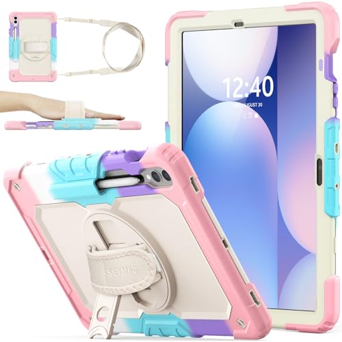 SEYMAC stock Capa para tablet Samsung Galaxy Tab S10 Plus/S9 FE Plus/S9 Plus 5G de 12,4 polegadas, com protetor de tela, suporte para lápis [alça de mão giratória 360] e suporte, capa à prova de