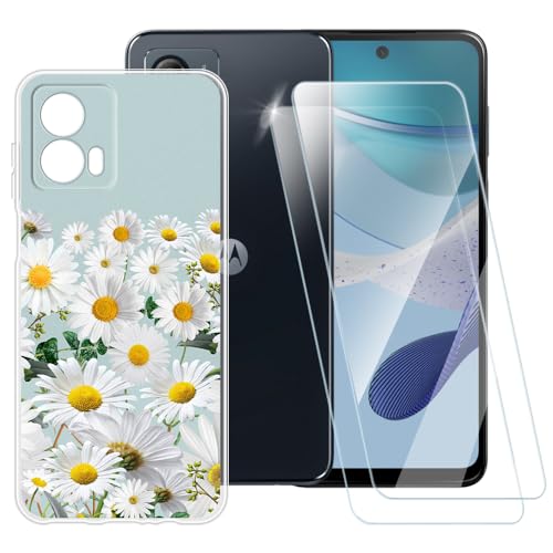 Capa com estampa de margaridas compatível com Motorola Moto G53 5G + [pacote com 2] protetor de tela de vidro temperado, capa à prova de choque para Motorola Moto G53j (6,5 polegadas)