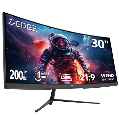 Z-Edge Monitor de jogos ultra amplo curvado de 30 polegadas 200Hz 1ms MPRT 21:9 VA painel 2560x1080 R1500 tela curvada, FreeSync, HDMI e DisplayPort, com luz RGB