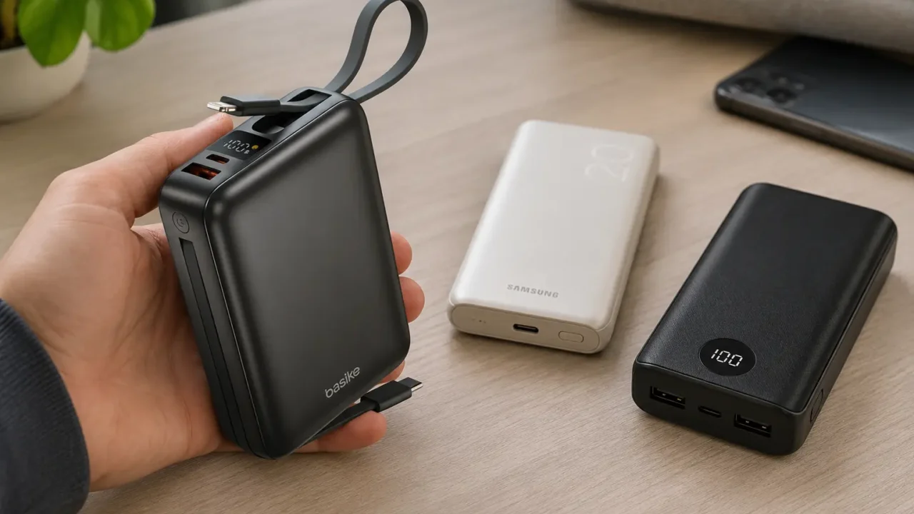 Power bank 20000mAh para viagem: 45W, cabos integrados ou visor LED?