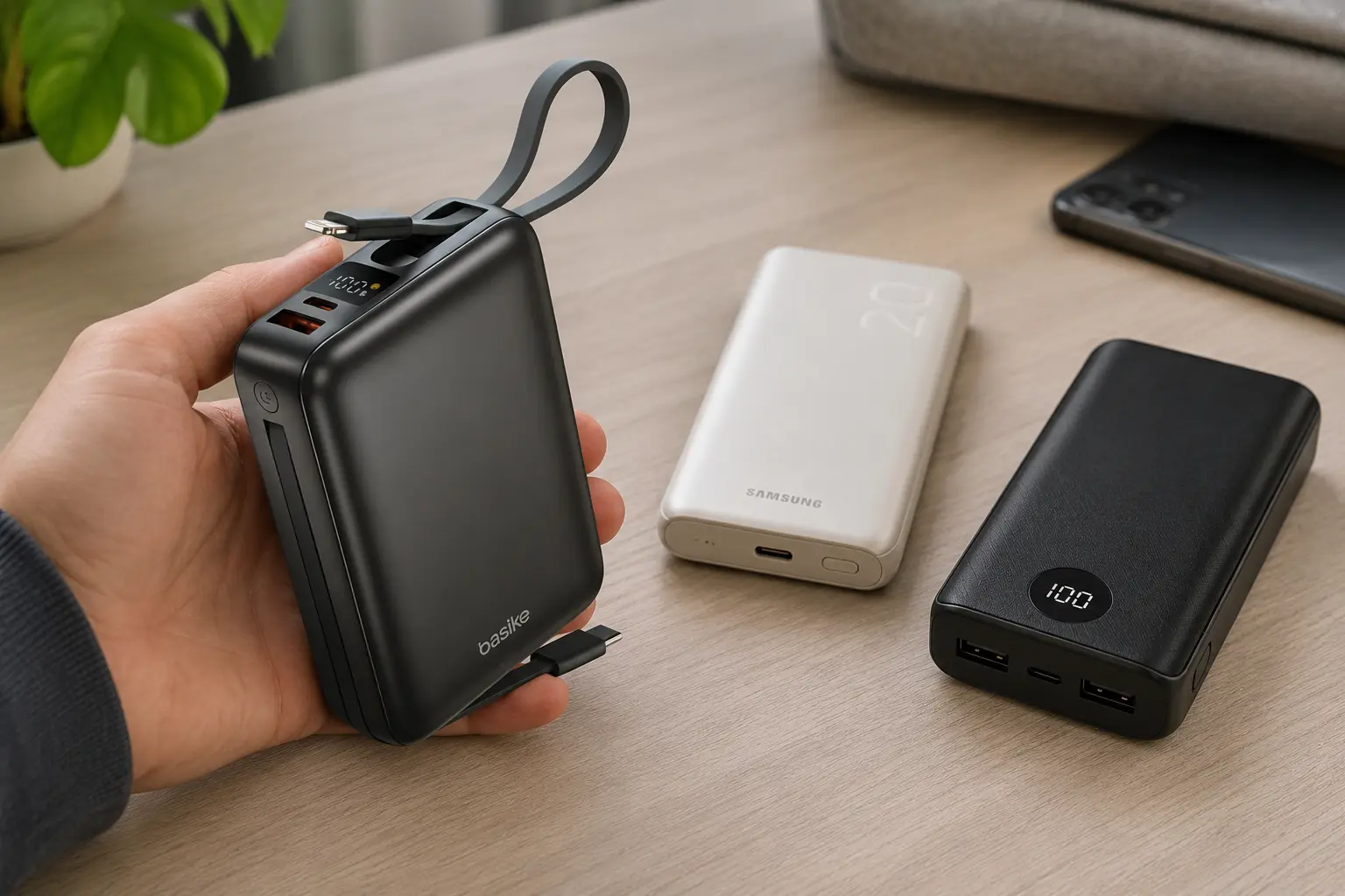 Power bank 20000mAh para viagem: 45W, cabos integrados ou visor LED?