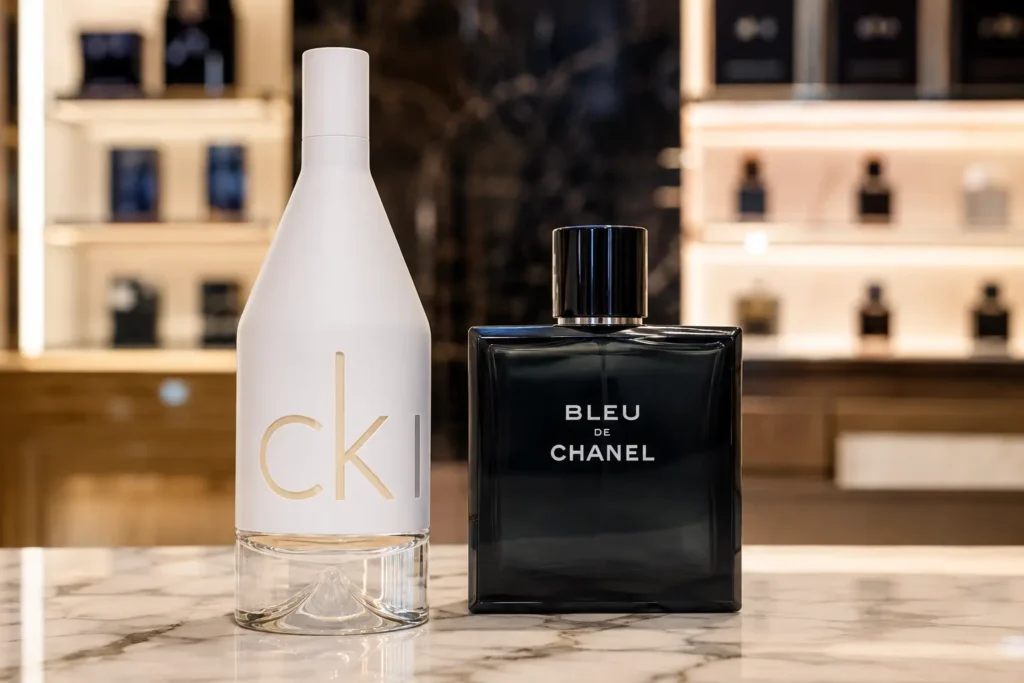CKIN2U FEM ou Bleu de Chanel EDT: a diferença começa pela versão
